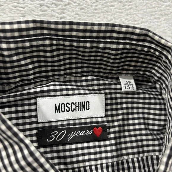 Moschino 30 years Button Shirt Short Sleeve Men 39 15 1/2 Preppy Luxury Black - Picture 2 of 7